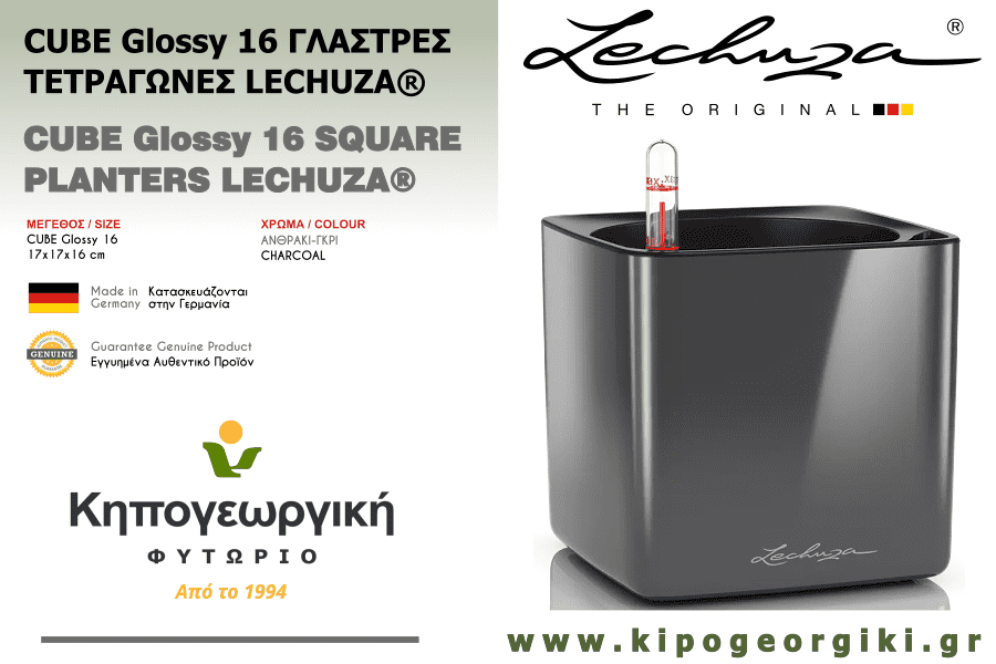 CUBE Glossy 16 Ανθρακί Γκρι LECHUZA Αυτοποτιζόμενες Ζαρντινιέρες & Κασπώ